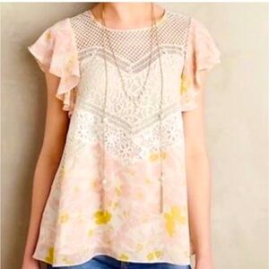 Anthropologie HD in Paris Pink Floral Lace Blouse
Size 10 
Fits like medium